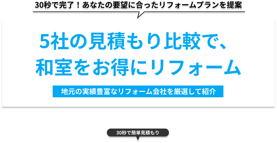 30秒で完了！あなたの要望にあったリフォームプランを提案 5社の見積もり比較で、キッチンをお得にリフォーム 地元の実績豊富なリフォーム会社を厳選して紹介 30秒で簡単見積もり